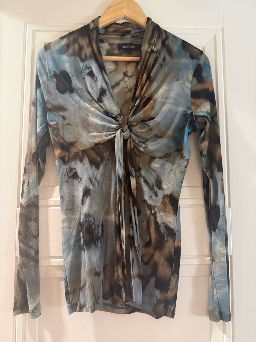 Karen Kane Blue Green and Brown Tie-Front Long Sleeve Top